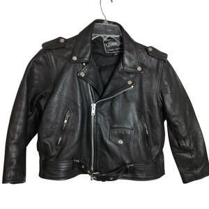 4368)UNIK Leather Apparel Black Leather Motorcycle Biker Jacket Unisex Sz 24(S?)